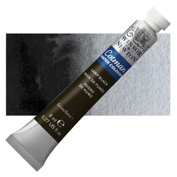 A single Lamp Black Winsor and Newton Cotman Watercolour 8ml Tube is shown diagonally across the frame. The back of the tube is facing the bottom left hand corner of the frame and the lid of the tube is facing the top, right hand corner of the frame. The tube is silver and the Winsor and Newton logo is printed at the top of the tube. There is a blue band below the logo and the words 'Cotman Watercolour' are printed on the blue band in white. Then there is a large colour band around the base of the tube that denotes the colour of the paint. The tube colour and paint properties are indicated on this colour band in black text. The tube has a white, plastic screw on cap. There is a rectangular colour swatch behind the tube that shows how the colour works on a gradient scale. The entire image is center of the frame and on a white background.