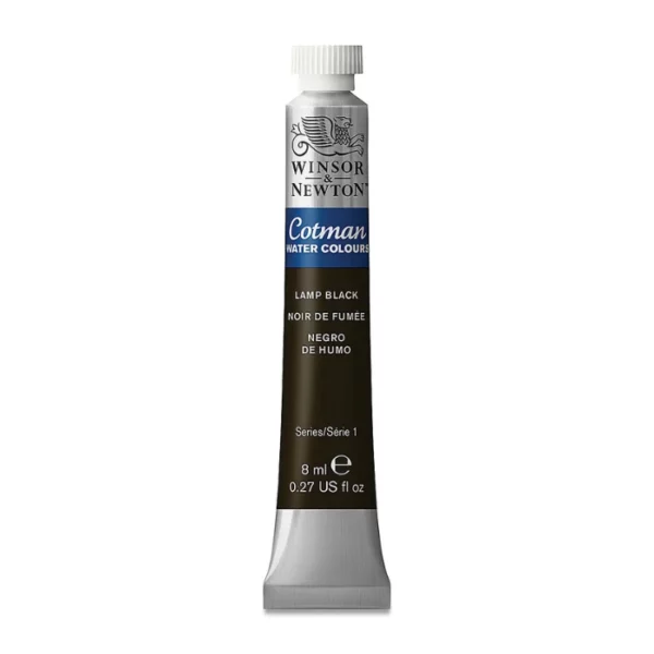 A single Lamp Black Winsor and Newton Cotman Watercolour 8ml Tube is shown vertically in the center of the frame. The tube is silver and the Winsor and Newton logo is printed at the top of the tube. There is a blue band below the logo and the words 'Cotman Watercolour' are printed on the blue band in white. Then there is a large colour band around the base of the tube that denotes the colour of the paint. The tube colour and paint properties are indicated on this colour band in black text. The tube has a white, plastic screw on cap. The image is center of the frame and on a white background.