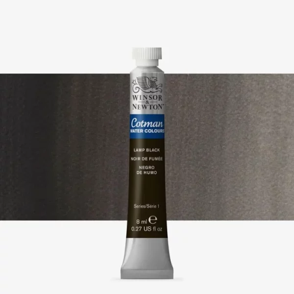 A single Lamp Black Winsor and Newton Cotman Watercolour 8ml Tube is shown vertically in the center of the frame. The tube is silver and the Winsor and Newton logo is printed at the top of the tube. There is a blue band below the logo and the words 'Cotman Watercolour' are printed on the blue band in white. Then there is a large colour band around the base of the tube that denotes the colour of the paint. The tube colour and paint properties are indicated on this colour band in black text. The tube has a white, plastic screw on cap. There is a rectangular colour swatch behind the tube that shows how the colour works on a gradient scale. The entire image is center of the frame and on a white background.