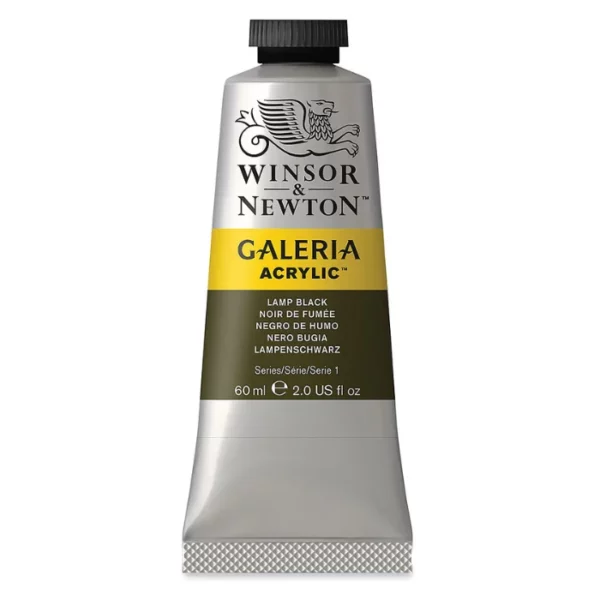 A single tube of Lamp Black Winsor and Newton Galeria Acrylic Paint 60ml is shown in the center of the frame, standing vertically. The tube is a silver colour and has a black, screw on, plastic lid. The Winsor and Newton logo is printed at the top of the tube and there is a yellow band across the tube, under the logo, with the words, 'Galeria Acrylic'. There is a band of colour below that which denotes the colour of the paint in the tube. There is text on this colour band, describing the colour and paint properties. The image is center of the frame and on a white background.