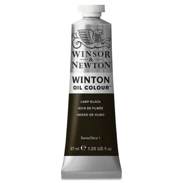 A single tube of Lamp Black Winsor and Newton Winton Oil Paint 37ml is shown in the center of the frame, standing vertically. The tube is a silver colour and has a white screw on, plastic lid. The Winsor and Newton logo is printed at the top of the tube and there is a white band across the tube, under the logo, with the words, 'Winton Oil Colour'. There is a band of colour below that which denotes the colour of the paint in the tube. There is text on this colour band, describing the colour and paint properties. The image is center of the frame and on a white background.