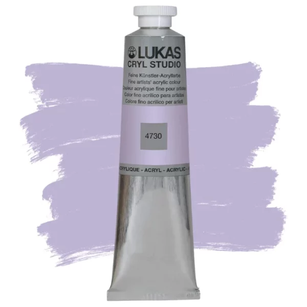 A single tube of Lavender Lukas Cryl STUDIO Acrylics 75ml is shown in the center of the frame, standing vertically. The tube is silver and has a colour band around the body of the tube that denotes the colour of the paint inside. The Lukas name and logo is printed at the top of the tube and there is black text below the logo that describes the paint. The tube has a white plastic, screw on lid. There is a paint swatch in the background that indicates the colour of the paint inside the tube. The image is center of the frame and on a white background.