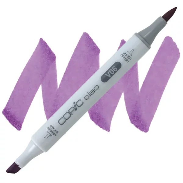 in the center of the image is a single copic marker that is sitting diagonally across the image. from left to right. it has a grey body and both caps are off showing the two different nibs, one brush at the top and the chisel tip at the bottom. it is sitting infront of a squiggle of the same colour as the marker on a white background