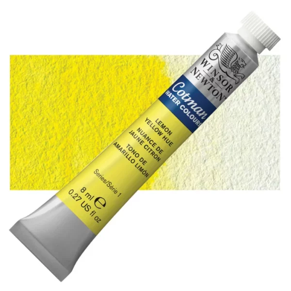 A single Lemon Yellow Hue Winsor and Newton Cotman Watercolour 8ml Tube is shown diagonally across the frame. The back of the tube is facing the bottom left hand corner of the frame and the lid of the tube is facing the top, right hand corner of the frame. The tube is silver and the Winsor and Newton logo is printed at the top of the tube. There is a blue band below the logo and the words 'Cotman Watercolour' are printed on the blue band in white. Then there is a large colour band around the base of the tube that denotes the colour of the paint. The tube colour and paint properties are indicated on this colour band in black text. The tube has a white, plastic screw on cap. There is a rectangular colour swatch behind the tube that shows how the colour works on a gradient scale. The entire image is center of the frame and on a white background.