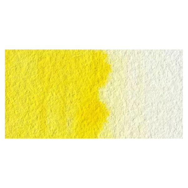 A rectangular colour swatch of Lemon Yellow Hue Winsor and Newton Cotman Watercolour Paint is shown across the center of the frame. The colour swatch shows the tube colour in three gradients from left to right. On a white background.