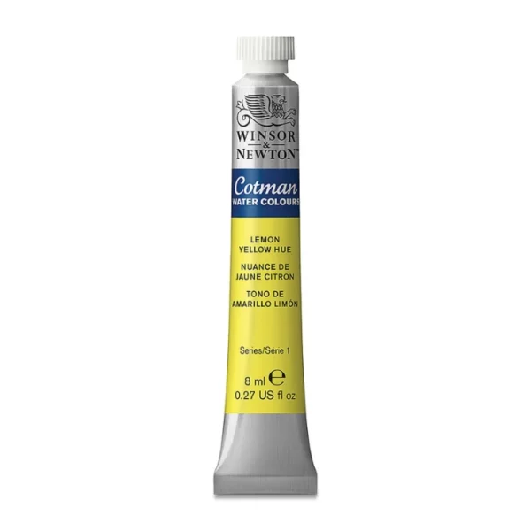 A single Lemon Yellow Hue Winsor and Newton Cotman Watercolour 8ml Tube is shown vertically in the center of the frame. The tube is silver and the Winsor and Newton logo is printed at the top of the tube. There is a blue band below the logo and the words 'Cotman Watercolour' are printed on the blue band in white. Then there is a large colour band around the base of the tube that denotes the colour of the paint. The tube colour and paint properties are indicated on this colour band in black text. The tube has a white, plastic screw on cap. The image is center of the frame and on a white background.