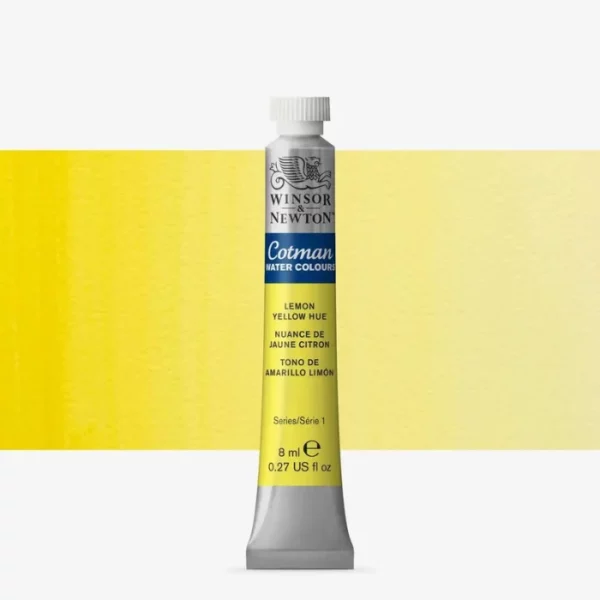 A single Lemon Yellow Hue Winsor & Newton Cotman Watercolour 8ml Tube is shown vertically in the center of the frame. The tube is silver and the Winsor and Newton logo is printed at the top of the tube. There is a blue band below the logo and the words 'Cotman Watercolour' are printed on the blue band in white. Then there is a large colour band around the base of the tube that denotes the colour of the paint. The tube colour and paint properties are indicated on this colour band in black text. The tube has a white, plastic screw on cap. There is a rectangular colour swatch behind the tube that shows how the colour works on a gradient scale. The entire image is center of the frame and on a white background.