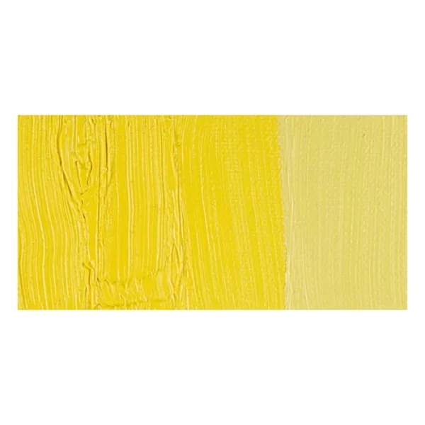 A rectangular colour swatch of Lemon Yellow Hue Winsor and Newton Winton Oil Paint is shown across the center of the frame. The colour swatch shows the tube colour in three gradients from left to right. On a white background.