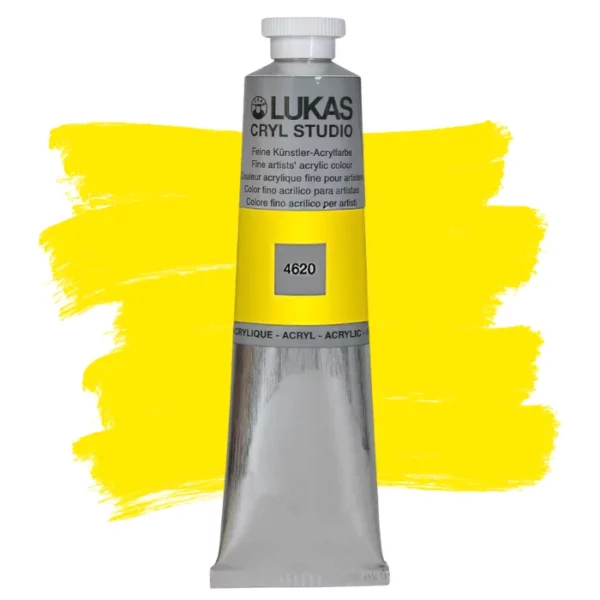 A single tube of Lemon Yellow Primary Lukas Cryl STUDIO Acrylics 75ml is shown in the center of the frame, standing vertically. The tube is silver and has a colour band around the body of the tube that denotes the colour of the paint inside. The Lukas name and logo is printed at the top of the tube and there is black text below the logo that describes the paint. The tube has a white plastic, screw on lid. There is a paint swatch in the background that indicates the colour of the paint inside the tube. The image is center of the frame and on a white background.