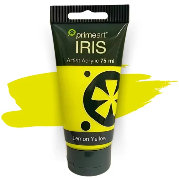 A single tube of Lemon Yellow Prime Art Iris Acrylic Paint 75ml is shown in the frame. The tube is a clear plastic with a black printed band at the top of each tube that has the Prime Art Iris Logo printed on it. The tube has a black flip cap that the tube stands on. You can see the colour of the paint through the tube. On a white background.