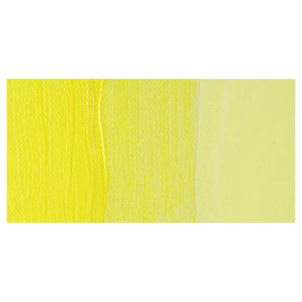 A rectangular colour swatch of Lemon Yellow Winsor and Newton Galeria Acrylic Paint is shown across the center of the frame. The colour swatch shows the tube colour in three gradients from left to right. On a white background.