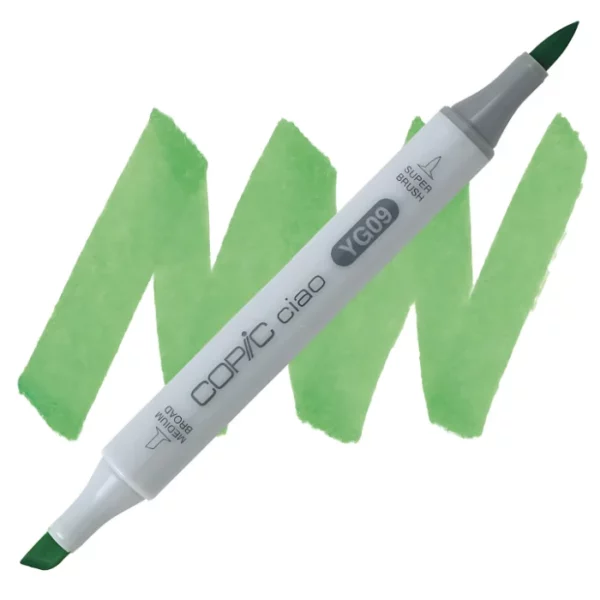 in the center of the image is a single copic marker that is sitting diagonally across the image. from left to right. it has a grey body and both caps are off showing the two different nibs, one brush at the top and the chisel tip at the bottom. it is sitting infront of a squiggle of the same colour as the marker on a white background