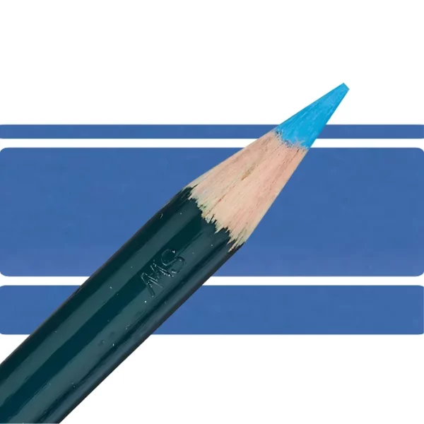 a derwent artists coloured pencil is seen in a close up ciming in from the left habd corner of the image. the tip is facing the right hand side top of the image. in a horizontal line. it has a green hamdle and a wooden end with the coloured tip. there are three horizontal stripes behind it that are the same colour as the nib of the pencil. on a white background