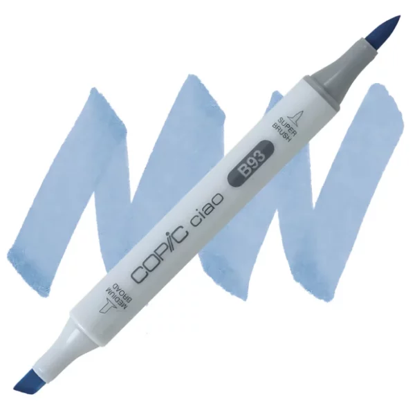 in the center of the image is a single copic marker that is sitting diagonally across the image. from left to right. it has a grey body and both caps are off showing the two different nibs, one brush at the top and the chisel tip at the bottom. it is sitting infront of a squiggle of the same colour as the marker on a white background