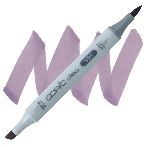 in the center of the image is a single copic marker that is sitting diagonally across the image. from left to right. it has a grey body and both caps are off showing the two different nibs, one brush at the top and the chisel tip at the bottom. it is sitting infront of a squiggle of the same colour as the marker on a white background