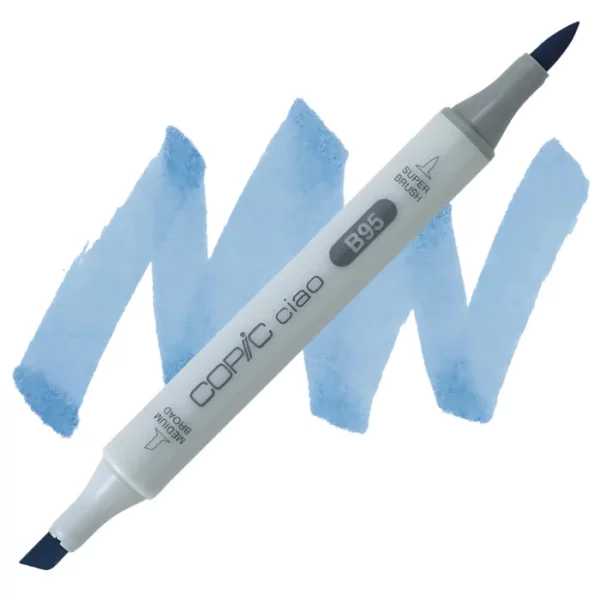 in the center of the image is a single copic marker that is sitting diagonally across the image. from left to right. it has a grey body and both caps are off showing the two different nibs, one brush at the top and the chisel tip at the bottom. it is sitting infront of a squiggle of the same colour as the marker on a white background