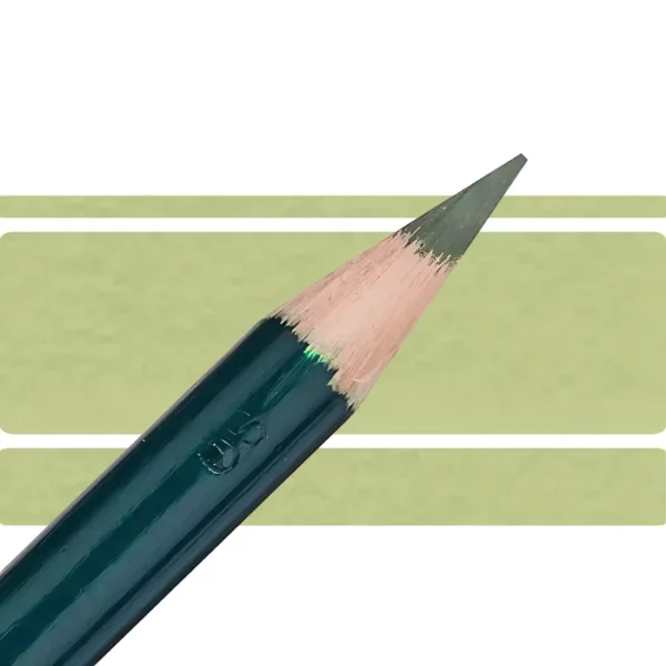 a derwent artists coloured pencil is seen in a close up ciming in from the left habd corner of the image. the tip is facing the right hand side top of the image. in a horizontal line. it has a green hamdle and a wooden end with the coloured tip. there are three horizontal stripes behind it that are the same colour as the nib of the pencil. on a white background