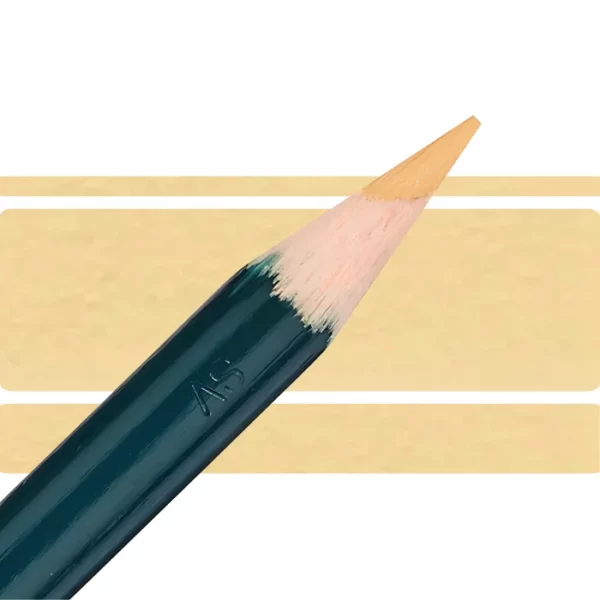 a derwent artists coloured pencil is seen in a close up ciming in from the left habd corner of the image. the tip is facing the right hand side top of the image. in a horizontal line. it has a green hamdle and a wooden end with the coloured tip. there are three horizontal stripes behind it that are the same colour as the nib of the pencil. on a white background