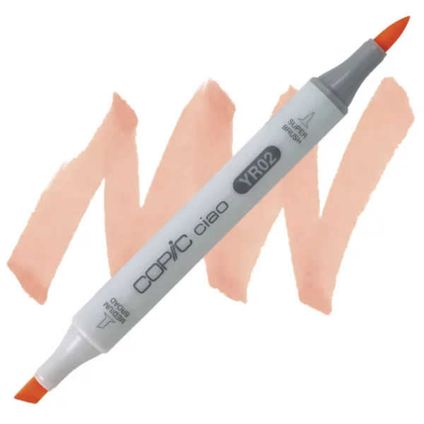 in the center of the image is a single copic marker that is sitting diagonally across the image. from left to right. it has a grey body and both caps are off showing the two different nibs, one brush at the top and the chisel tip at the bottom. it is sitting infront of a squiggle of the same colour as the marker on a white background