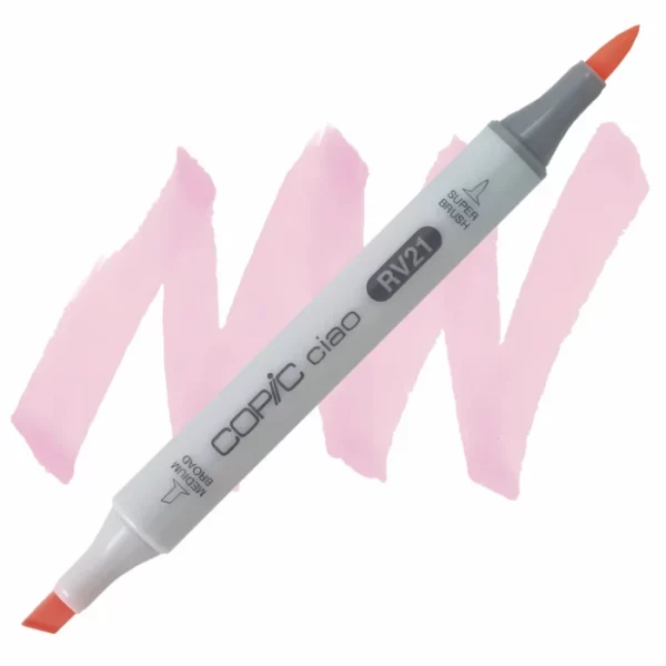 in the center of the image is a single copic marker that is sitting diagonally across the image. from left to right. it has a grey body and both caps are off showing the two different nibs, one brush at the top and the chisel tip at the bottom. it is sitting infront of a squiggle of the same colour as the marker on a white background