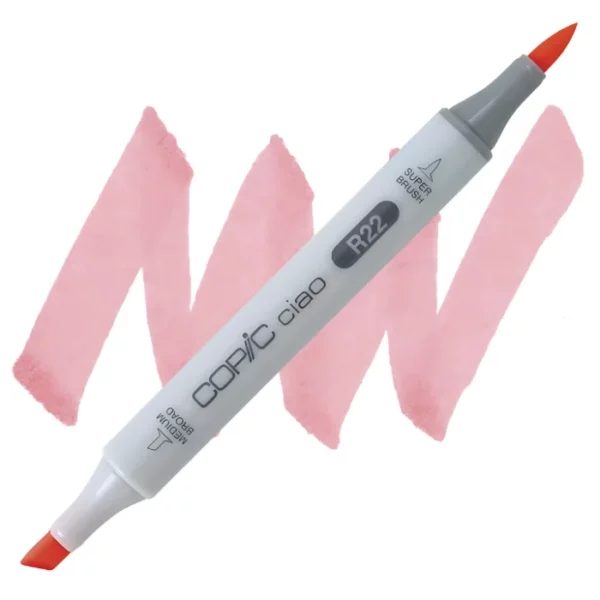 in the center of the image is a single copic marker that is sitting diagonally across the image. from left to right. it has a grey body and both caps are off showing the two different nibs, one brush at the top and the chisel tip at the bottom. it is sitting infront of a squiggle of the same colour as the marker on a white background