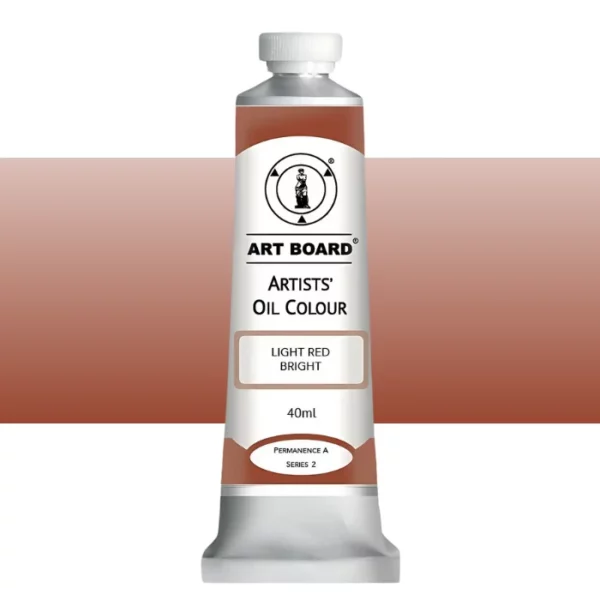 A tube of Light Red Bright Artboard Oil Paint 40ml is shown standing vertically in the center of the frame. The tube is silver and has a label around the body of the tube. Parts of the label are coloured, to denote the colour of the paint inside the tube. The artboard logo and name are printed at the top of the label and the colour and product details are printed below. The tube has a white plastic, screw on lid. A graded horizontal rectangle is seen in the background, this denotes the colour of the paint inside the tube. On a white background.