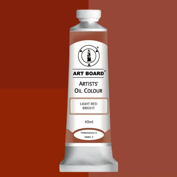 A tube of Light Red Bright Artboard Oil Paint 40ml is shown standing vertically in the center of the frame. The tube is silver and has a label around the body of the tube. Parts of the label are coloured, to denote the colour of the paint inside the tube. The artboard logo and name are printed at the top of the label and the colour and product details are printed below. The tube has a white plastic, screw on lid. Different shades of the paint colour are shown in the background in blocks, behind the tube.