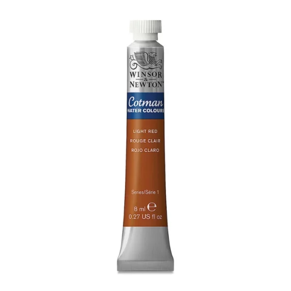 A single Light Red Winsor and Newton Cotman Watercolour 8ml Tube is shown vertically in the center of the frame. The tube is silver and the Winsor and Newton logo is printed at the top of the tube. There is a blue band below the logo and the words 'Cotman Watercolour' are printed on the blue band in white. Then there is a large colour band around the base of the tube that denotes the colour of the paint. The tube colour and paint properties are indicated on this colour band in black text. The tube has a white, plastic screw on cap. The image is center of the frame and on a white background.