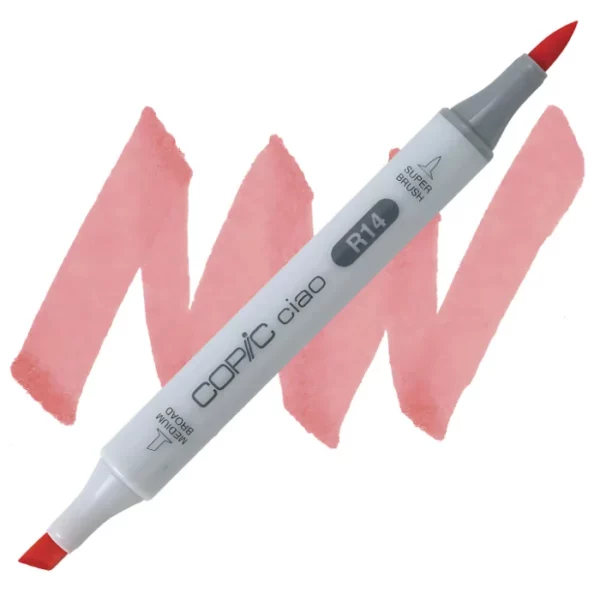 in the center of the image is a single copic marker that is sitting diagonally across the image. from left to right. it has a grey body and both caps are off showing the two different nibs, one brush at the top and the chisel tip at the bottom. it is sitting infront of a squiggle of the same colour as the marker on a white background