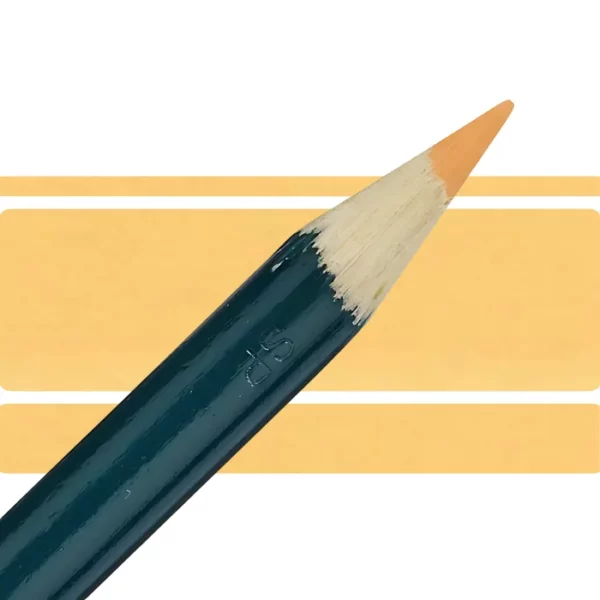 a derwent artists coloured pencil is seen in a close up ciming in from the left habd corner of the image. the tip is facing the right hand side top of the image. in a horizontal line. it has a green hamdle and a wooden end with the coloured tip. there are three horizontal stripes behind it that are the same colour as the nib of the pencil. on a white background