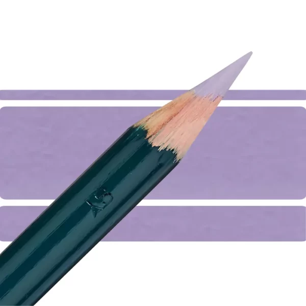 a derwent artists coloured pencil is seen in a close up ciming in from the left habd corner of the image. the tip is facing the right hand side top of the image. in a horizontal line. it has a green hamdle and a wooden end with the coloured tip. there are three horizontal stripes behind it that are the same colour as the nib of the pencil. on a white background