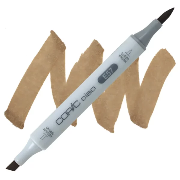 in the center of the image is a single copic marker that is sitting diagonally across the image. from left to right. it has a grey body and both caps are off showing the two different nibs, one brush at the top and the chisel tip at the bottom. it is sitting infront of a squiggle of the same colour as the marker on a white background