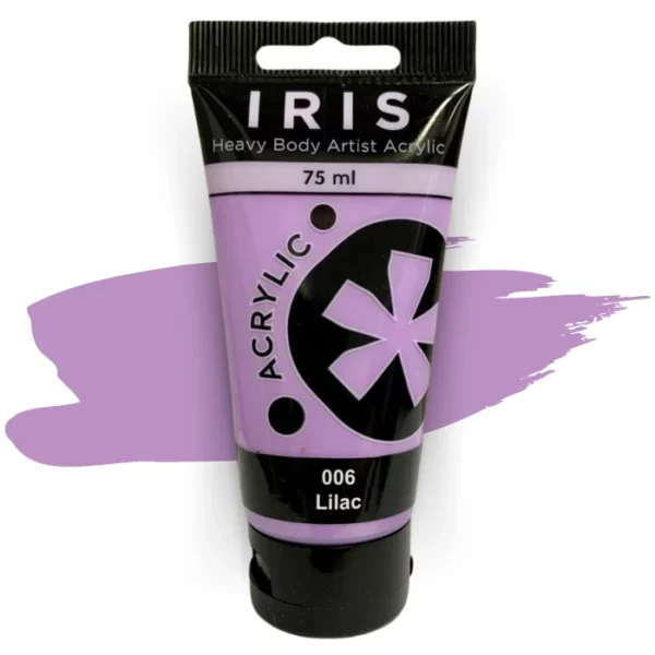 A single tube of Lilac Prime Art Iris Acrylic Paint 75ml is shown in the frame. The tube is a clear plastic with a black printed band at the top of each tube that has the Prime Art Iris Logo printed on it. The tube has a black flip cap that the tube stands on. You can see the colour of the paint through the tube. On a white background.