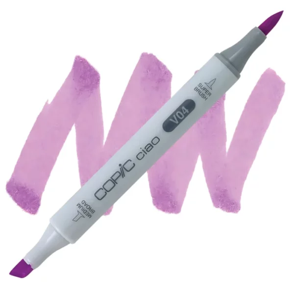 in the center of the image is a single copic marker that is sitting diagonally across the image. from left to right. it has a grey body and both caps are off showing the two different nibs, one brush at the top and the chisel tip at the bottom. it is sitting infront of a squiggle of the same colour as the marker on a white background