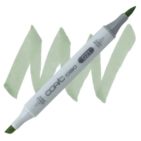 in the center of the image is a single copic marker that is sitting diagonally across the image. from left to right. it has a grey body and both caps are off showing the two different nibs, one brush at the top and the chisel tip at the bottom. it is sitting infront of a squiggle of the same colour as the marker on a white background