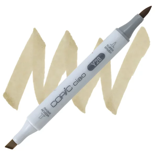 in the center of the image is a single copic marker that is sitting diagonally across the image. from left to right. it has a grey body and both caps are off showing the two different nibs, one brush at the top and the chisel tip at the bottom. it is sitting infront of a squiggle of the same colour as the marker on a white background