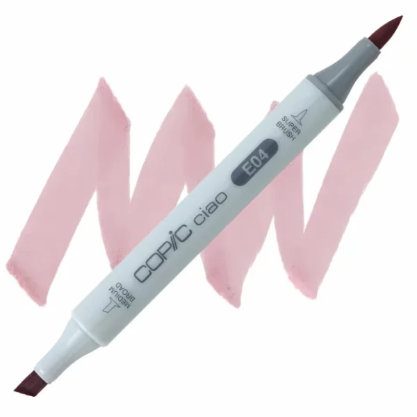 in the center of the image is a single copic marker that is sitting diagonally across the image. from left to right. it has a grey body and both caps are off showing the two different nibs, one brush at the top and the chisel tip at the bottom. it is sitting infront of a squiggle of the same colour as the marker on a white background