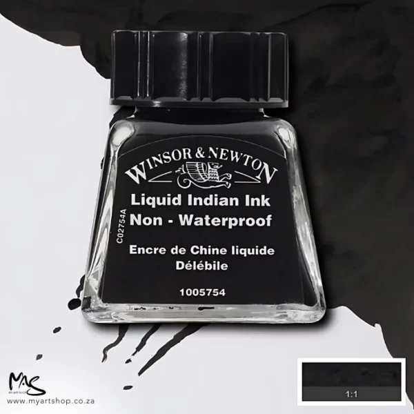 A single bottle of Liquid Indian Ink Winsor & Newton Drawing Ink can be seen in the center of the frame, with ink in the background, in the top right hand corner of the frame, flowing into the frame. The ink is the colour of the ink inside the bottle. The bottle is a clear glass bottle and so you can see the colour of the ink inside. There is a black, plastic screw on lid and a label stuck to the front of the bottle with the brand name and logo on it. There is a small rectangular colour block with a sample of the ink colour in a 1:1 ratio, in the bottom right hand corner of the frame.