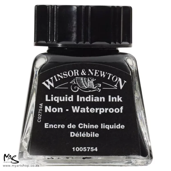 A close up of a single bottle of Liquid Indian Ink Winsor & Newton Drawing Ink. The bottom of the bottle is cut off by the frame. The bottle is clear glass so you can see the colour of the ink inside, with a black screw on plastic lid. There is a label on the front of the bottle with the brand logo.