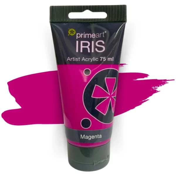 A single tube of Magenta Prime Art Iris Acrylic Paint 75ml is shown in the frame. The tube is a clear plastic with a black printed band at the top of each tube that has the Prime Art Iris Logo printed on it. The tube has a black flip cap that the tube stands on. You can see the colour of the paint through the tube. On a white background.