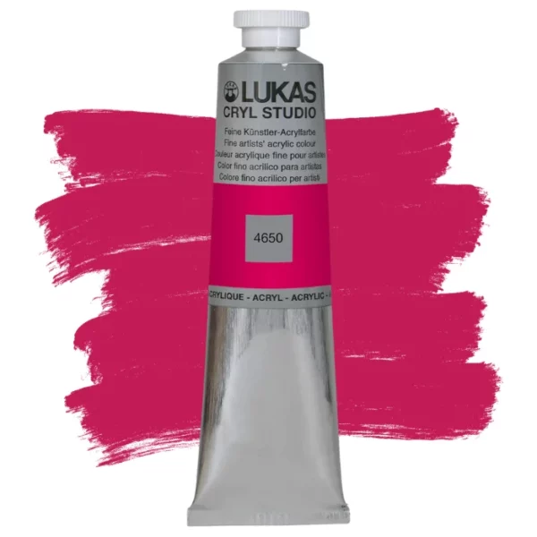 A single tube of Magenta Red Lukas Cryl STUDIO Acrylics 75ml is shown in the center of the frame, standing vertically. The tube is silver and has a colour band around the body of the tube that denotes the colour of the paint inside. The Lukas name and logo is printed at the top of the tube and there is black text below the logo that describes the paint. The tube has a white plastic, screw on lid. There is a paint swatch in the background that indicates the colour of the paint inside the tube. The image is center of the frame and on a white background.