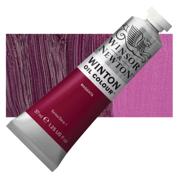 A tube of Magenta Winsor and Newton Winton Oil Paint 37ml is shown diagonally, across the center of the frame. The tube is a silver colour and has a white screw on, plastic lid. The Winsor and Newton logo is printed at the top of the tube and there is a white band printed across the tube, below the logo, that has the words 'Winton Oil Colour' written on it. Below that is a colour band printed across the tube that has black text describing the product colour and paint properties. There is a rectangular colour swatch behind the tube that shows the colour of the paint. It lays horizontally across the top third of the frame. The image is center of the frame and on a white background.