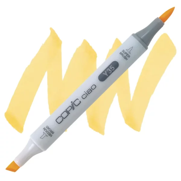 in the center of the image is a single copic marker that is sitting diagonally across the image. from left to right. it has a grey body and both caps are off showing the two different nibs, one brush at the top and the chisel tip at the bottom. it is sitting infront of a squiggle of the same colour as the marker on a white background