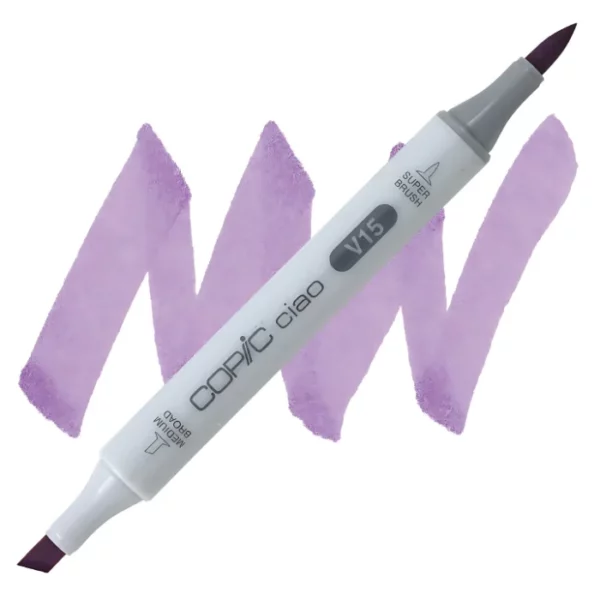 in the center of the image is a single copic marker that is sitting diagonally across the image. from left to right. it has a grey body and both caps are off showing the two different nibs, one brush at the top and the chisel tip at the bottom. it is sitting infront of a squiggle of the same colour as the marker on a white background