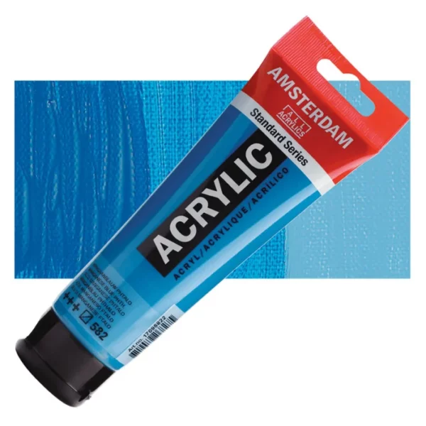 A single tube of Manganese Blue Phthalo Amsterdam Acrylic Paint 120ml is shown diagonally across the center of the frame. The tube is made of a clear plastic and has a red band at the end of the tube with a hole so it can hang. The tube has a black, plastic flip top cap, that the bottle stands on. There is black text on the body of the tube describing the product colour and details. The colour of the paint can be seen through the tube. There is a rectangular colour swatch of the paint, behind the tube. The swatch shows the colour in different gradient's. The image is center of the frame and on a white background.