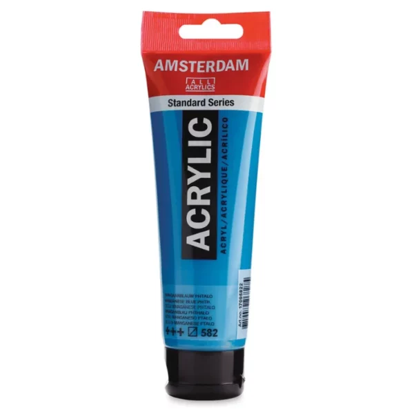 A single tube of Manganese Blue Phthalo Amsterdam Acrylic Paint 120ml is standing vertically in the center of the frame. The tube is made of a clear plastic and has a red band at the end of the tube with a hole so it can hang. The tube has a black, plastic flip top cap, that the bottle stands on. There is black text on the body of the tube describing the product colour and details. The colour of the paint can be seen through the tube. On a white background.