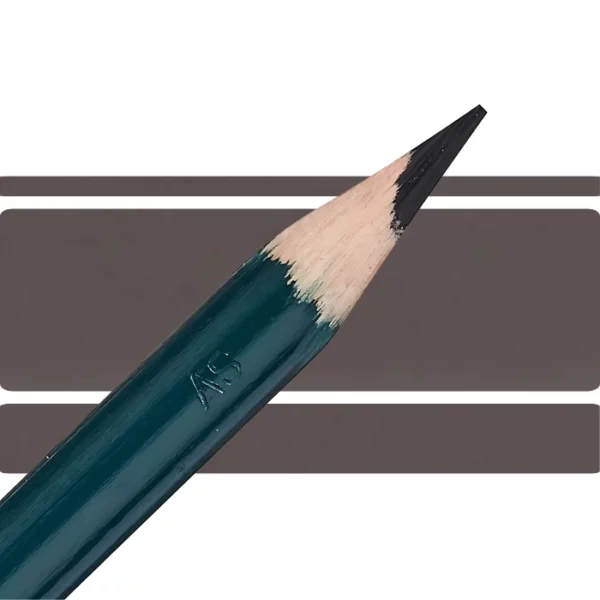 a derwent artists coloured pencil is seen in a close up ciming in from the left habd corner of the image. the tip is facing the right hand side top of the image. in a horizontal line. it has a green hamdle and a wooden end with the coloured tip. there are three horizontal stripes behind it that are the same colour as the nib of the pencil. on a white background