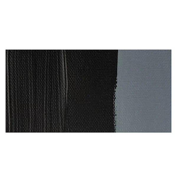 A rectangular colour swatch of Mars Black Winsor and Newton Galeria Acrylic Paint is shown across the center of the frame. The colour swatch shows the tube colour in three gradients from left to right. On a white background.