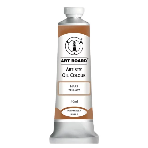 A tube of Mars Yellow Artboard Oil Paint 40ml is shown standing vertically in the center of the frame. The tube is silver and has a label around the body of the tube. Parts of the label are coloured, to denote the colour of the paint inside the tube. The artboard logo and name are printed at the top of the label and the colour and product details are printed below. The tube has a white plastic, screw on lid. On a white background.