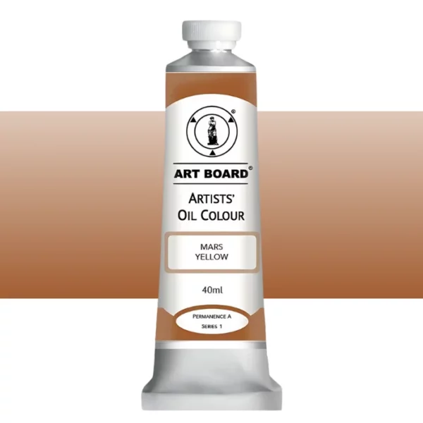 A tube of Mars Yellow Artboard Oil Paint 40ml is shown standing vertically in the center of the frame. The tube is silver and has a label around the body of the tube. Parts of the label are coloured, to denote the colour of the paint inside the tube. The artboard logo and name are printed at the top of the label and the colour and product details are printed below. The tube has a white plastic, screw on lid. A graded horizontal rectangle is seen in the background, this denotes the colour of the paint inside the tube. On a white background.